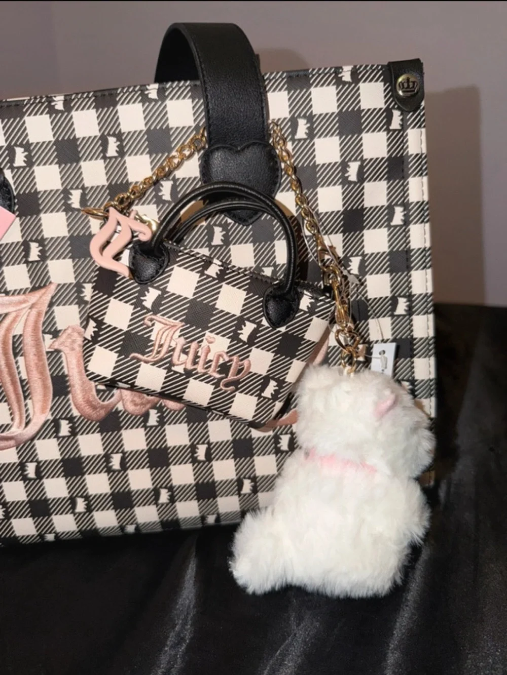 Juicy Couture Black & White Plaid Tote with Pink Accents and Pom Charm